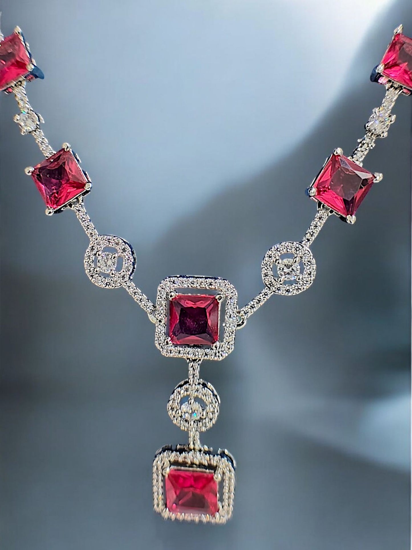 Enfashionate Voguish Rhodium-Plated Cordate Pink Sapphire Necklace With Zirconia Accents