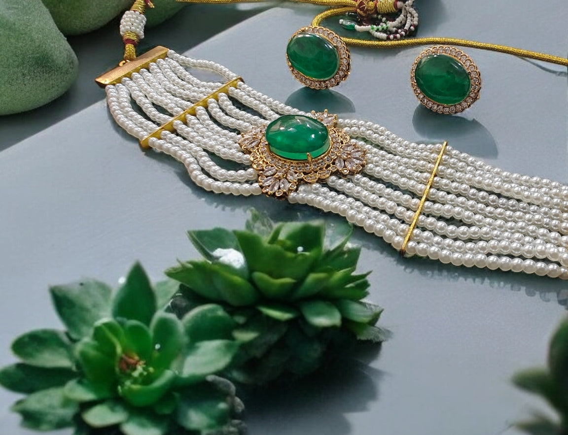 Stone Studded Pearl Necklace Set