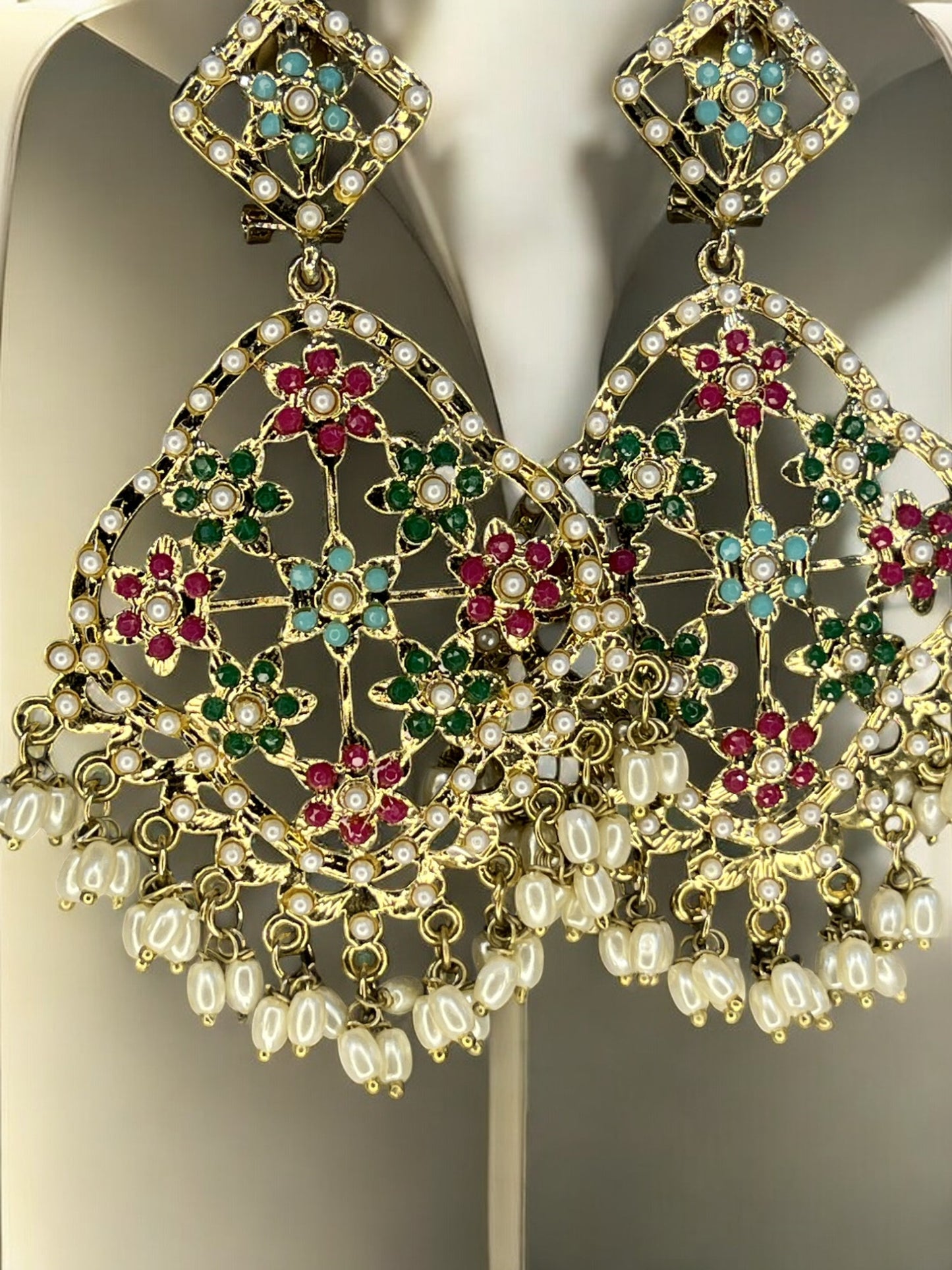 Antique Gold Plated Multi Colour Pearl Studded Statement Chandbali Earrings