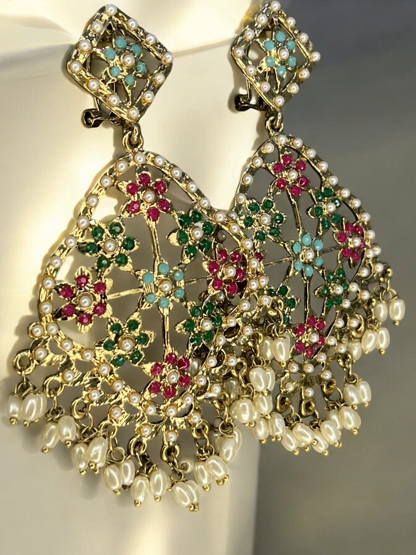 Antique Gold Plated Multi Colour Pearl Studded Statement Chandbali Earrings