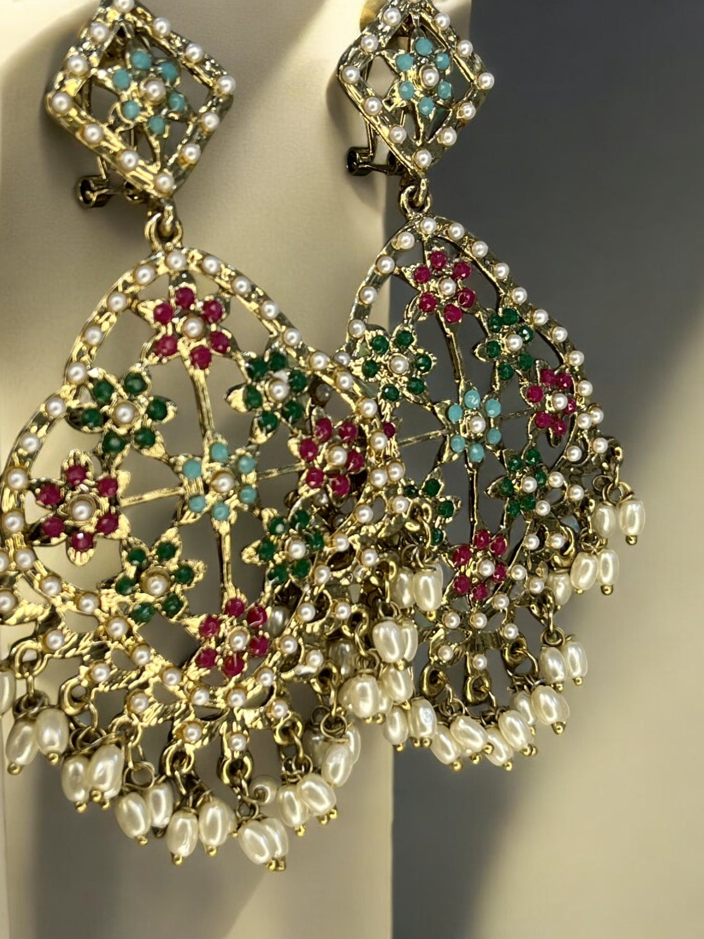 Antique Gold Plated Multi Colour Pearl Studded Statement Chandbali Earrings