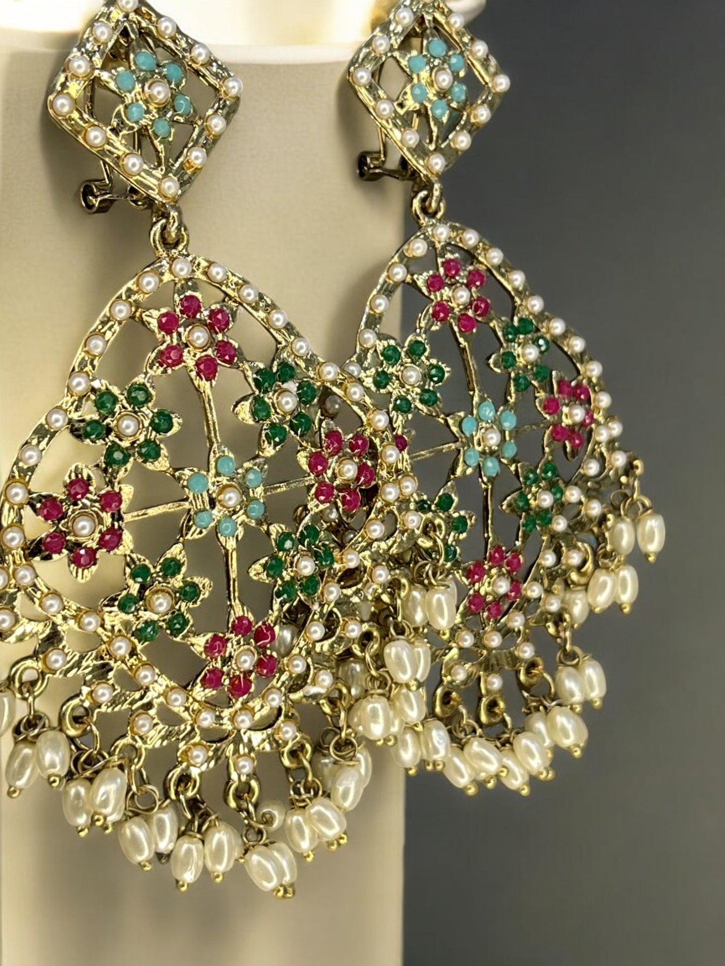 Antique Gold Plated Multi Colour Pearl Studded Statement Chandbali Earrings