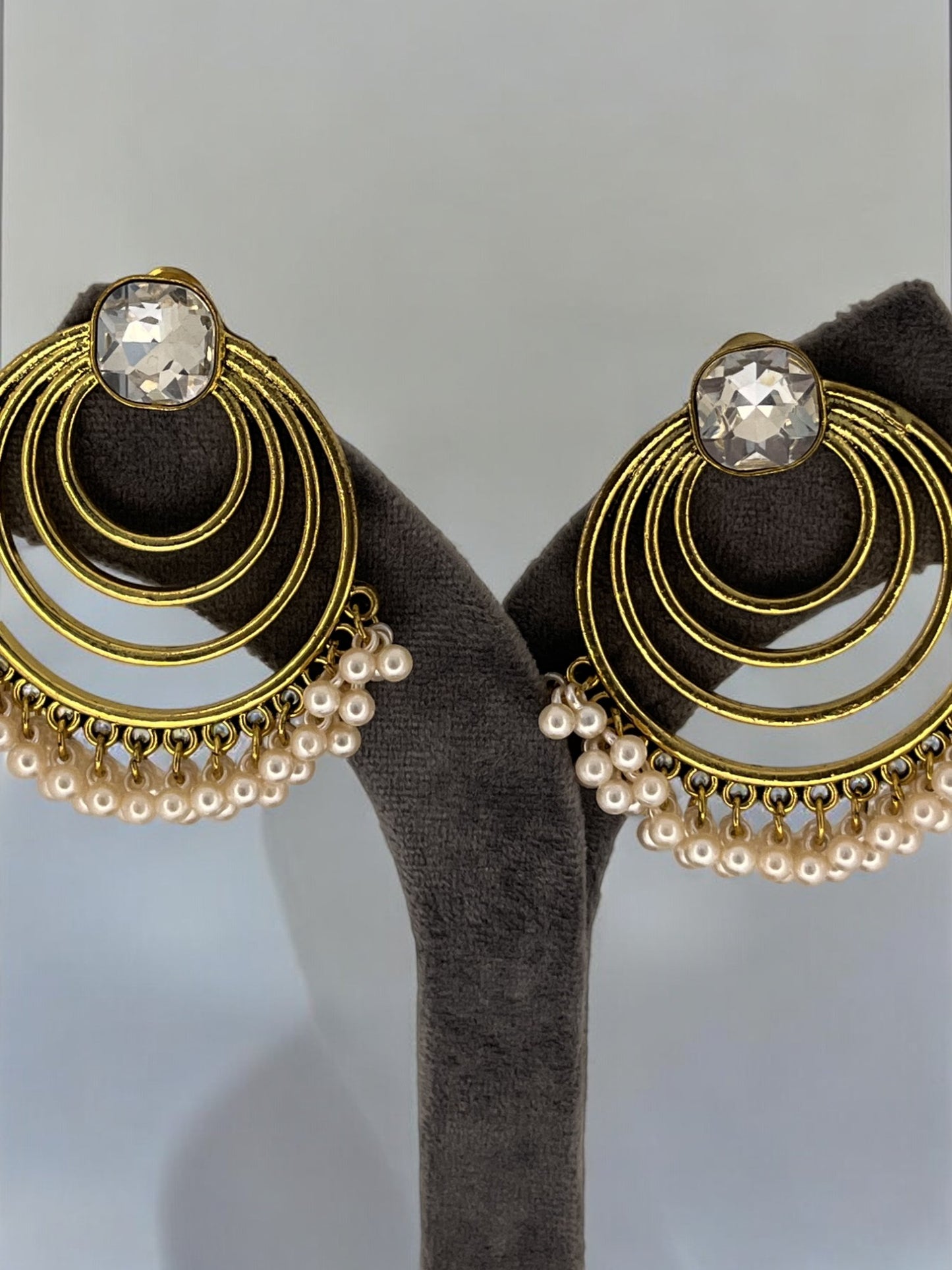 Gold-Plated Stone-Studded Beaded Dome Shaped Jhumkas Earrings