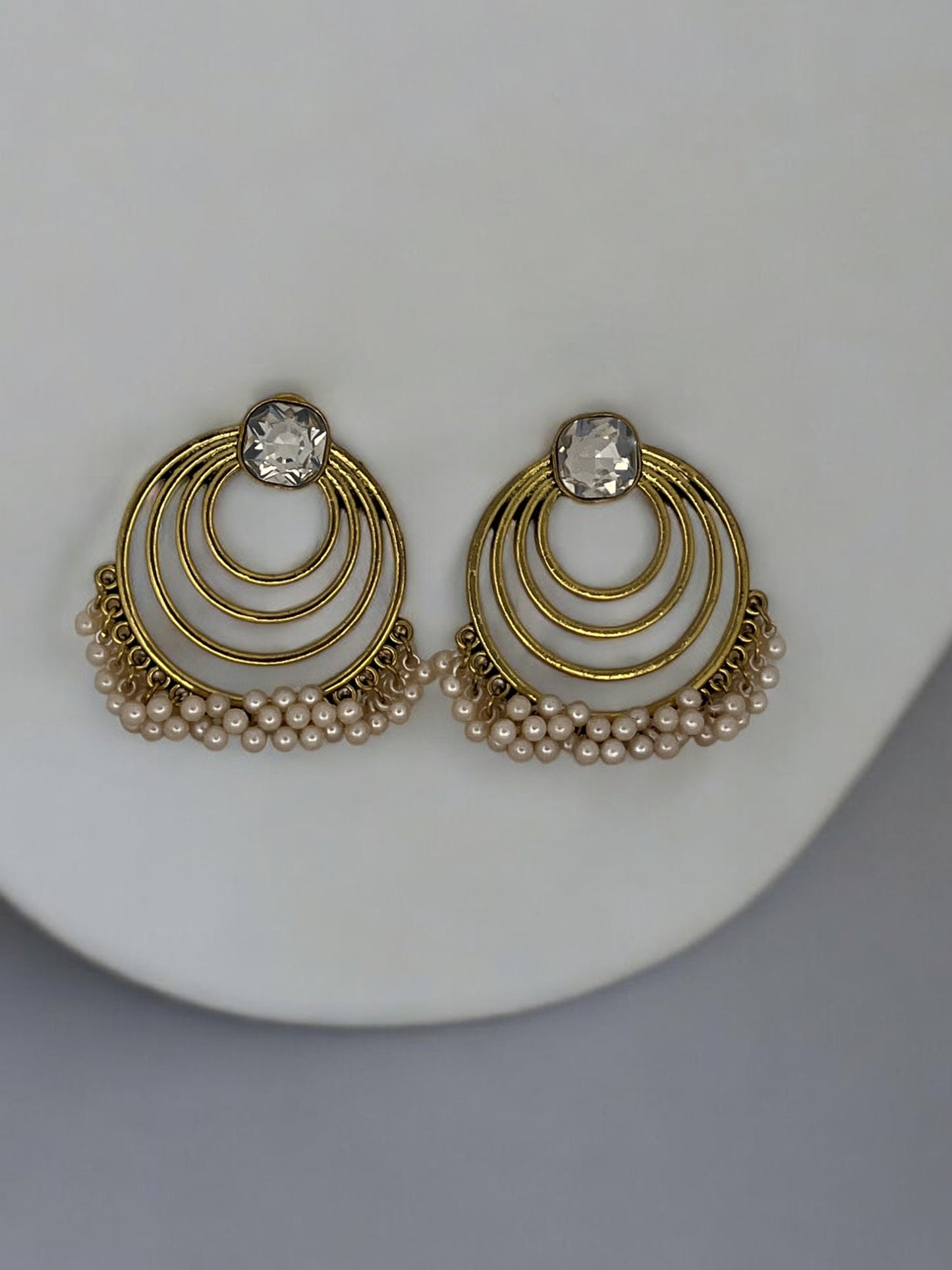Gold-Plated Stone-Studded Beaded Dome Shaped Jhumkas Earrings