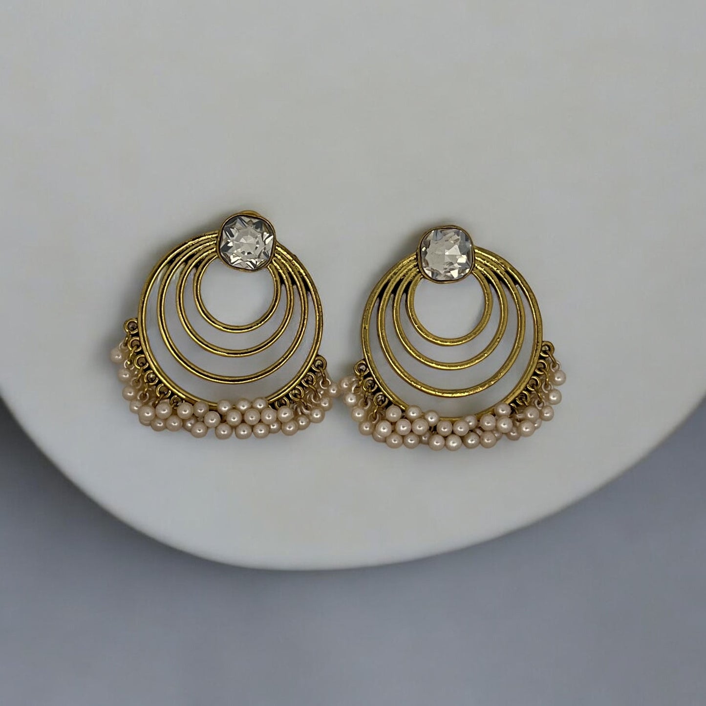 Gold-Plated Stone-Studded Beaded Dome Shaped Jhumkas Earrings