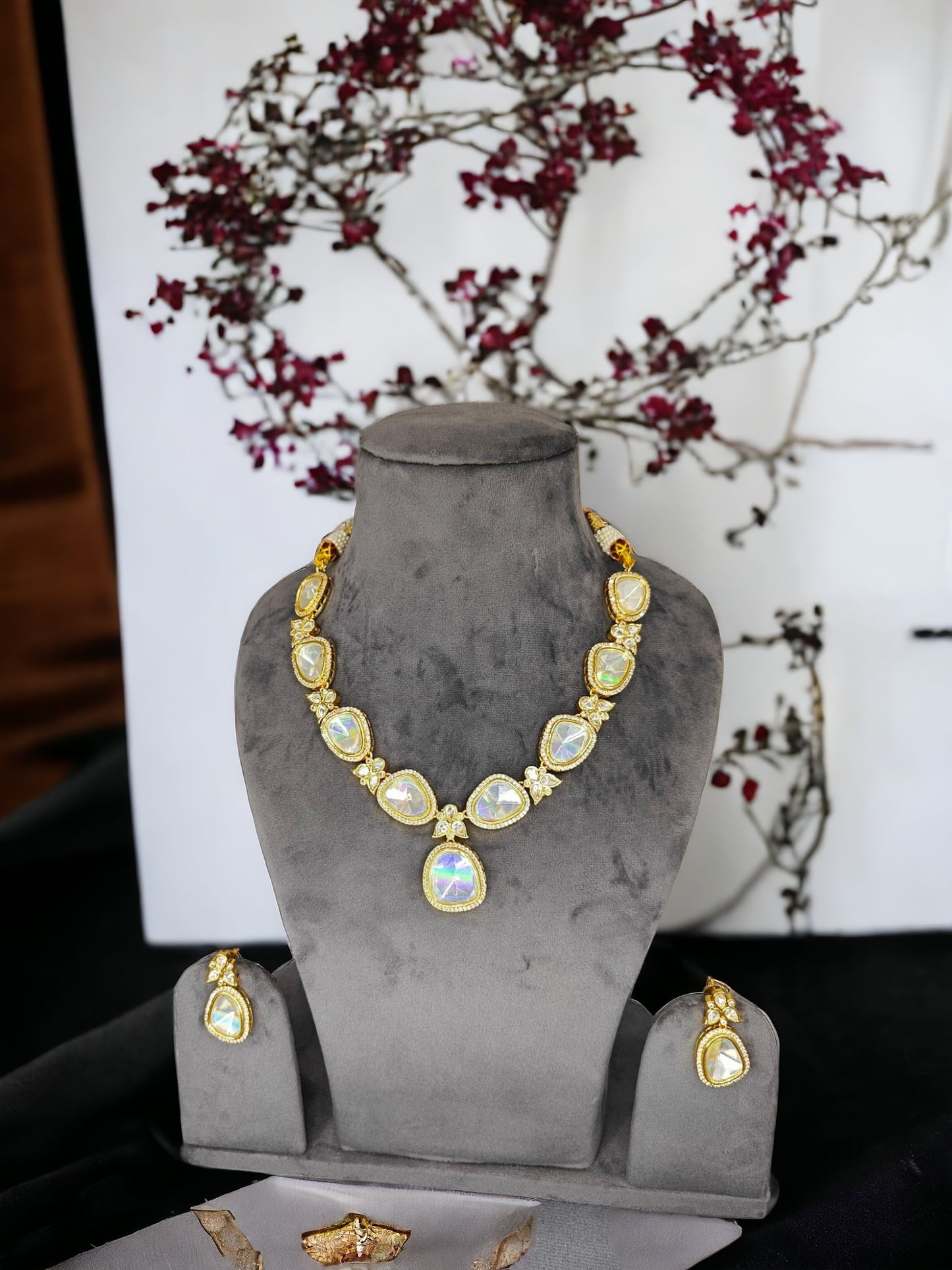 Gold Plated Polki Necklace Set With Beautiful Design
