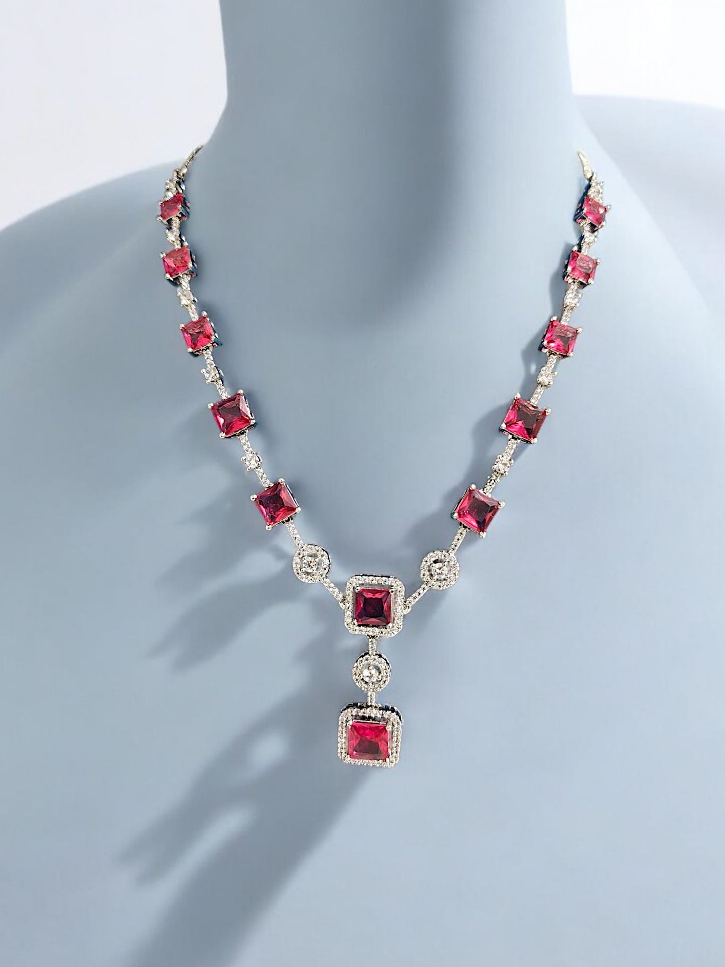 Enfashionate Voguish Rhodium-Plated Cordate Pink Sapphire Necklace With Zirconia Accents