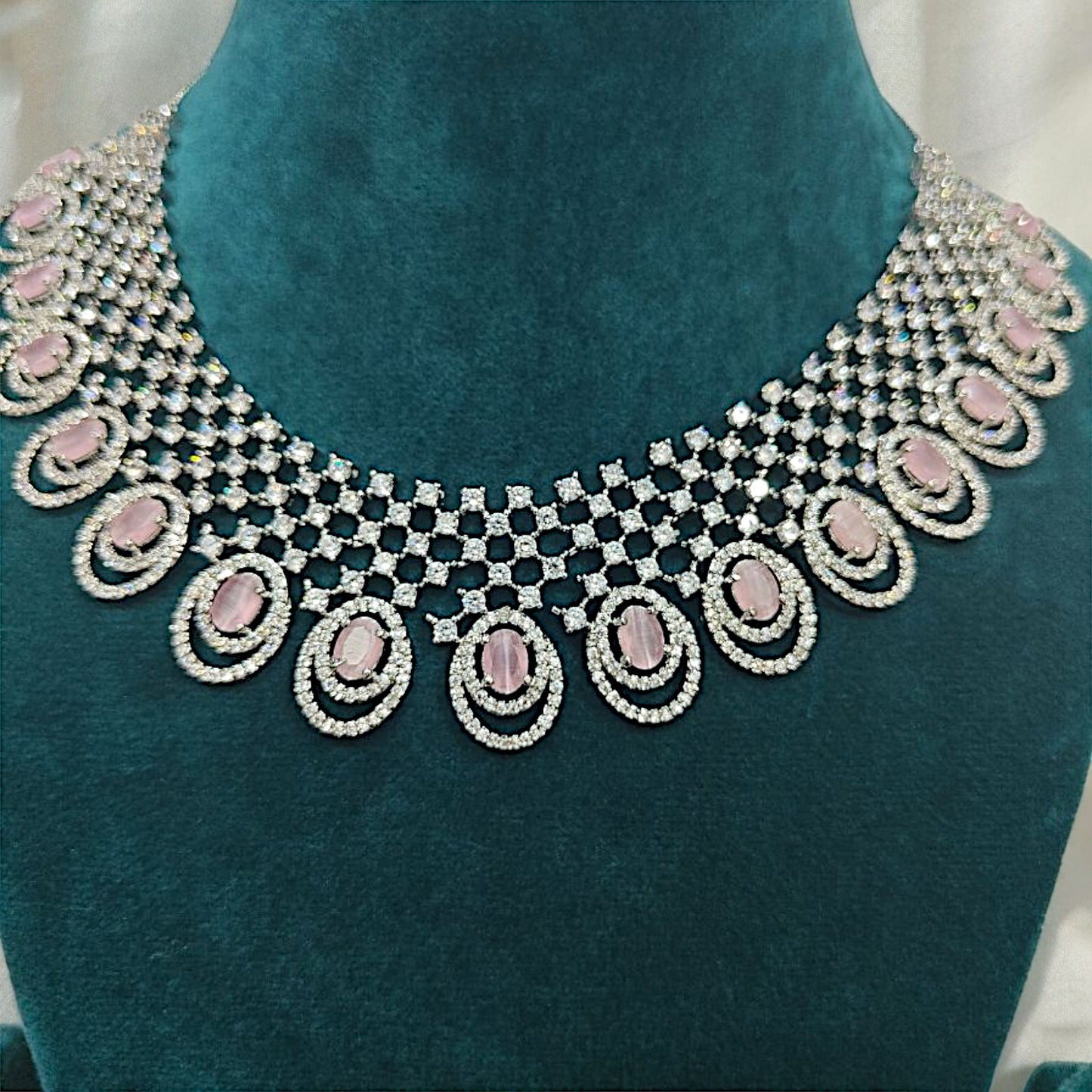 Silver Plated Necklace Set With American Diamonds