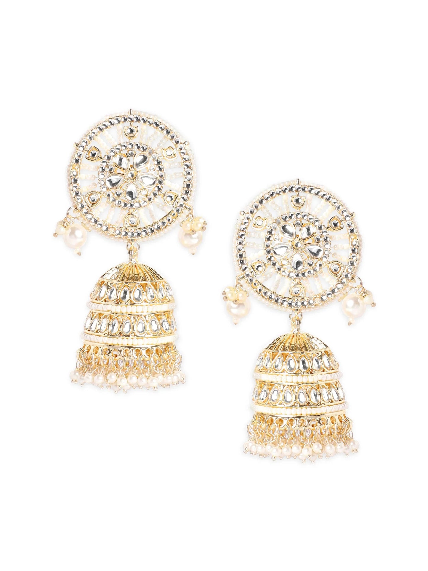 Enfashionate 22K Gold Plated Pearl Dangle Kundan Statement Jhumka Earrings