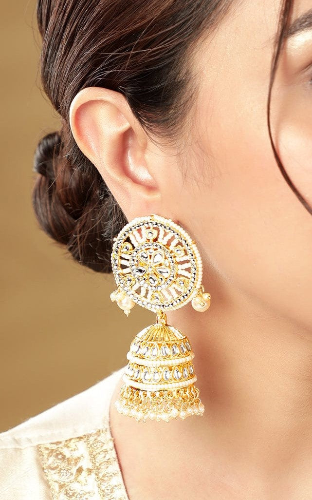 Enfashionate 22K Gold Plated Pearl Dangle Kundan Statement Jhumka Earrings