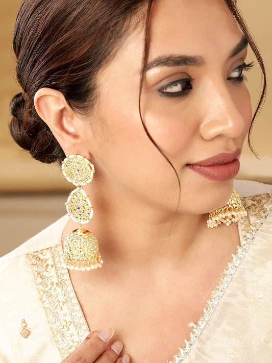 22K Gold Plated Kundan With Pearl Beaded Layered Statement Jhumka Earrings