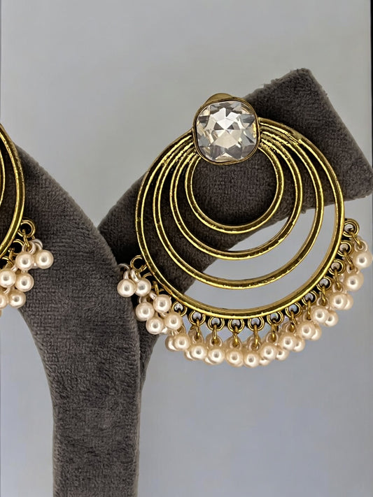 Gold-Plated Stone-Studded Beaded Dome Shaped Jhumkas Earrings