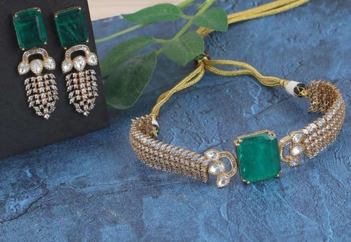 Gold Plated Emerald AD Jewellery Set