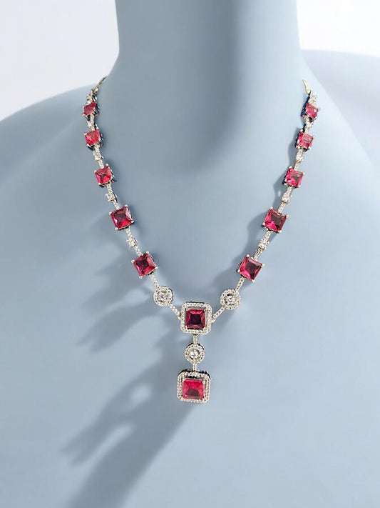Enfashionate Voguish Rhodium-Plated Cordate Pink Sapphire Necklace With Zirconia Accents