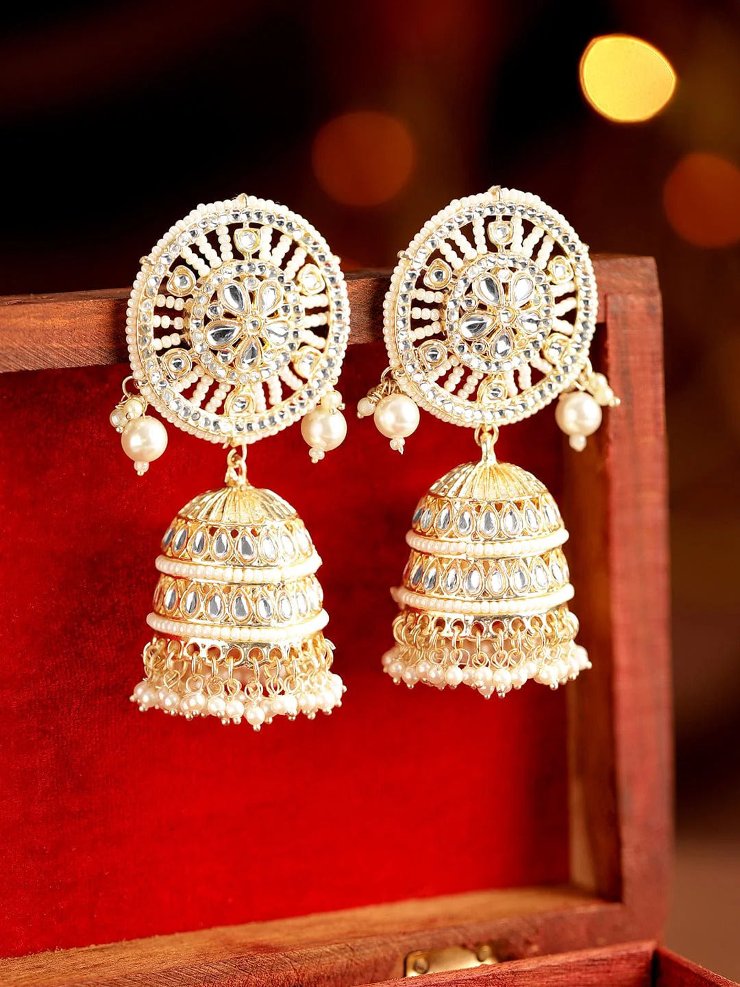 Enfashionate 22K Gold Plated Pearl Dangle Kundan Statement Jhumka Earrings